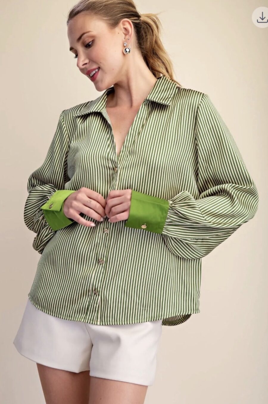 Green Striped V-Neck Button Down